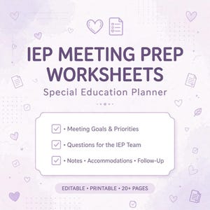 Könnte beinhalten: Ein digitales Dokument mit dem Titel IEP MEETING PREP WORKSHEETS Special Education Planner auf hellviolettem Aquarellhintergrund. Es enthält Kontrollkästchen für Meeting Goals & Priorities, Questions for the IEP Team, Notes, Accommodations und Follow-Up.