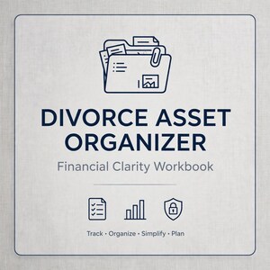 Può includere: Una copertina quadrata per documenti intitolata DIVORCE ASSET ORGANIZER Financial Clarity Workbook. Presenta un'icona a linee blu scuro di una cartella con documenti, seguita dalle icone di una lista di controllo, un grafico a barre e uno scudo con un lucchetto. Il testo in basso recita Track • Organize • Simplify • Plan.