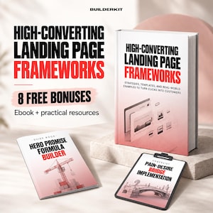 Könnte beinhalten: Ein Buch mit dem Titel High-Converting Landing Page Frameworks mit weiß-rosa Farbverlauf, begleitet von einem kleineren Handbuch namens Hero Promise Formula Builder und einem Klemmbrett namens Pain-Desire Bridge Implementation.