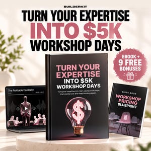 May include: A black book titled Turn Your Expertise Into $5K Workshop Days with a glowing pink dollar sign lightbulb graphic, accompanied by a laptop displaying a video and a guide book titled Workshop Pricing Blueprint with a bonus badge.