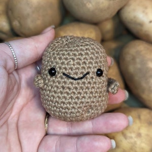 May include: A brown crocheted potato with a smiling face and black eyes. The potato is being held in a hand.