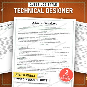 Technical Designer Quest Log Resume Template, ATS Friendly CV + Cover Letter (Word & Google Docs)
