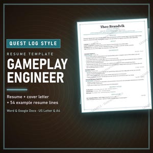 Gameplay Engineer Quest Log Resume Template, ATS Friendly CV + Cover Letter (Word & Google Docs)