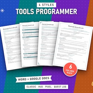 Tools Programmer Resume Bundle, 4 Styles (Classic, HUD, Pixel, Quest Log) (Digital Download)