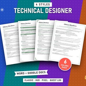 Technical Designer Resume Bundle, 4 Styles (Classic, HUD, Pixel, Quest Log) (Digital Download)