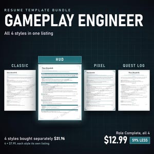Gameplay Engineer Resume Bundle, 4 Styles (Classic, HUD, Pixel, Quest Log) (Digital Download)