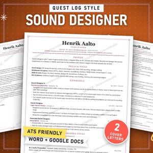 Sound Designer Quest Log Resume Template, ATS Friendly CV + Cover Letter (Word & Google Docs)
