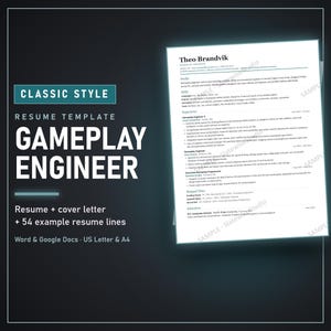 Gameplay Engineer Resume Template, ATS Friendly CV + Cover Letter (Word and Google Docs)