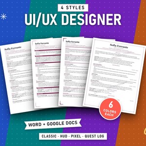 UI UX Designer Resume Bundle, 4 Styles (Classic, HUD, Pixel, Quest Log) (Digital Download)