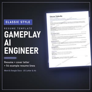 Game AI Programmer Resume Template, ATS Friendly CV + Cover Letter (Word and Google Docs)