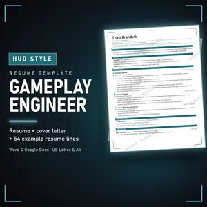 Gameplay Engineer Resume Template, Game HUD Style, ATS Friendly CV (Word & Google Docs)