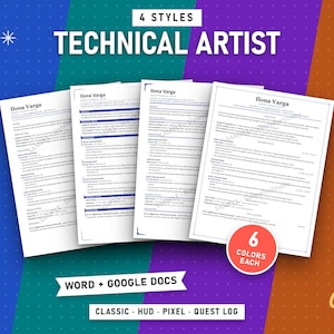 Technical Artist Resume Bundle, 4 Styles (Classic, HUD, Pixel, Quest Log) (Digital Download)