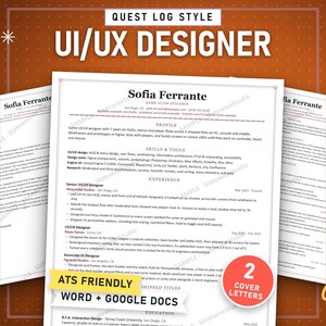 UI UX Designer Quest Log Resume Template, Game Dev CV + Cover Letter (Word & Google Docs)