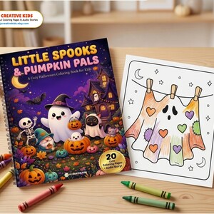 Może przedstawiać: Spiralna kolorowanka zatytułowana Little Spooks & Pumpkin Pals z kolorową ilustracją halloweenową na okładce, obok pojedynczej strony do kolorowania z duchem na sznurku do bielizny, w otoczeniu rozrzuconych kredek.