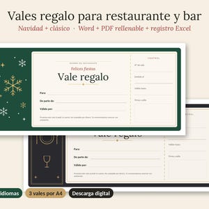 Pode incluir: Um modelo digital de vale-presente para restaurante e bar com um painel lateral verde escuro com flocos de neve dourados e uma seção creme para detalhes, incluindo campos para nome, remetente e validade, com o texto Vale regalo.