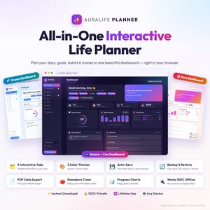 Planificador de vida interactivo en HTML / Planificador digital todo en uno con objetivos diarios, semanales y mensuales, seguimiento de hábitos y presupuesto / Descarga instantánea