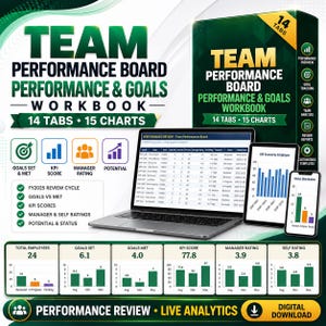 May include: A digital Team Performance Board workbook featuring 14 tabs and 15 charts. The display shows a laptop, tablet, and smartphone screen with performance review data, KPI scores, and status distribution graphs in green and white.