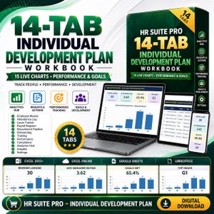 May include: The HR Suite Pro 14-Tab Individual Development Plan Workbook is a digital tool featuring 15 live charts for performance and goals. It includes a laptop, tablet, and smartphone displaying analytics, rating distributions, and tracking data.