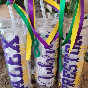 Mardi Gras skinny Tumbler, Drink Cup, Personalized, Birthday Celebration, Bachelorette Party in New Orleans, Wedding party, Parade days
