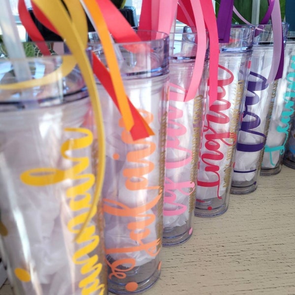 Personalized Birthday party favor, sweet 16 gift, Skinny Tumbler, Party Favor, Slumber Party Favors, Tween Bday gift, Summer Camp Cups, fun