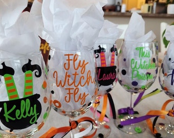 Halloween Wine Glass, Cauldron Wine Glass, Witches, Halloween Party Favor, Teacher gifts, Basic Witch, Personalized Halloween, Witch Please