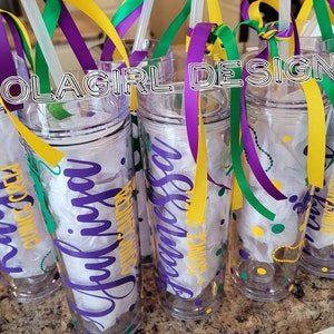 Mardi Gras skinny Tumbler, Drink Cup, Personalized, Birthday Celebration, Bachelorette Party in New Orleans, Wedding party, Parade days