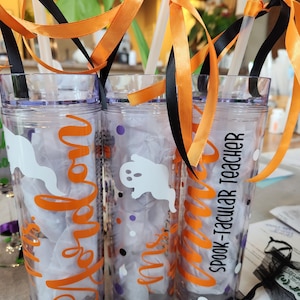 Personalized Halloween Teacher Tumbler: Ghost or Witch Hat Design