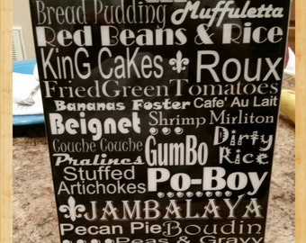 Puede incluir: Un letrero en blanco y negro con las palabras "Crawfish Snowballs", "Bread Pudding Muffuletta", "Red Beans & Rice", "King Cakes Roux", "Fried Green Tomatoes", "Bananas Foster Cafe' Au Lait", "Beignet Shrimp Mirliton", "Couche Couche GumBo Dirty Rice", "Pralines Stuffed Po-Boy", "Artichokes", "JAMBALAYA", "Pecan Pie Boudin", "Peas & Gravy" y "Nola Girl Designs".