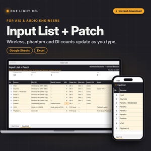 Input List + Patch Template for Live Sound, Wireless, 48V + DI Counts, Google Sheets & Excel