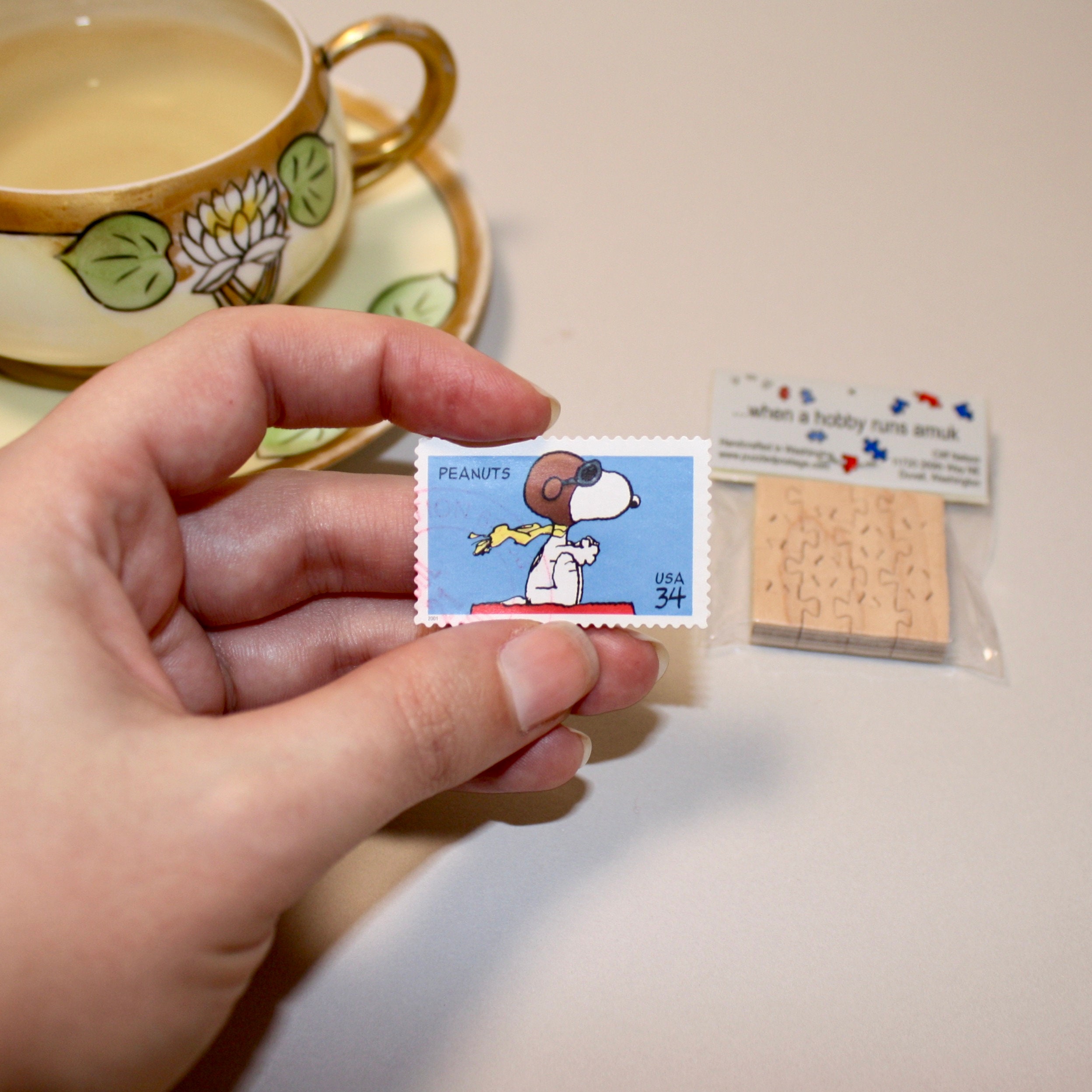 Peanuts Snoopy Postage Stamp Puzzle by Clif Nelson Miniature Scroll Saw Puzzles
