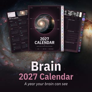 May include: A 2027 digital calendar planner featuring a dark theme with galaxy imagery. The cover displays a spiral galaxy, the text 2027 CALENDAR, and Twelve months out of your head and onto paper. Includes monthly views and habit trackers.
