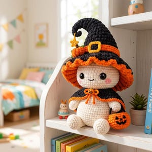 Könnte beinhalten: Eine cremefarbene Häkelpuppe mit einem schwarz-orangen Hexenhut, der mit einer gelben Schnalle und einem kleinen Kürbis verziert ist. Die Puppe trägt einen passenden schwarzen Umhang mit Kürbisverschluss und hält einen kleinen Kürbiseimer.