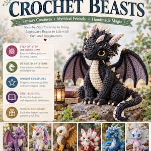May include: A digital PDF ebook titled Create Your Own Magical Crochet Beasts featuring step-by-step patterns for fantasy creatures. The cover displays a black crocheted dragon and smaller images of dragons, unicorns, griffins, kitsunes, and fairy creatures.