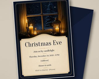 Christmas Eve Dinner Invitation, Candlelight Snowy Window Invite, Navy Gold, Editable Canva Template