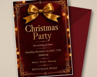 Christmas Party Invitation, Red Velvet Gold Bow Holiday Dinner Invite, Editable Canva Template 5x7