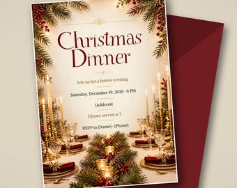 Christmas Dinner Invitation, Candlelit Holiday Dinner Party Invite, Red Green Gold, Editable Canva