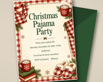 Christmas Pajama Party Invitation, Red Plaid PJ Party Invite, Family Movie Night, Editable Canva