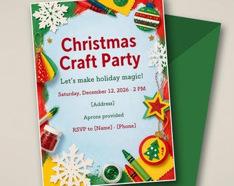 Kids Christmas Craft Party Invitation, Ornament Making Holiday Party Invite, Editable Canva Template