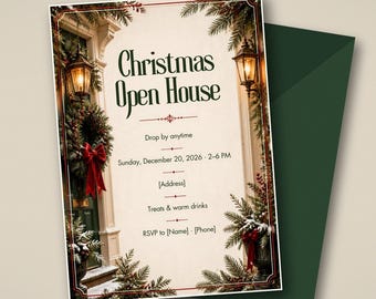 Christmas Open House Invitation, Holiday Drop In Party Wreath Invite, Editable Canva Template 5x7