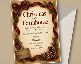 Rustic Christmas Party Invitation, Farmhouse Buffalo Plaid Holiday Invite, Editable Canva Template