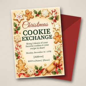 Convite para Troca de Biscoitos de Natal, Convite Editável para Festa de Troca de Biscoitos, Modelo Canva, Festa de Natal com Tema de Biscoitos de Gengibre