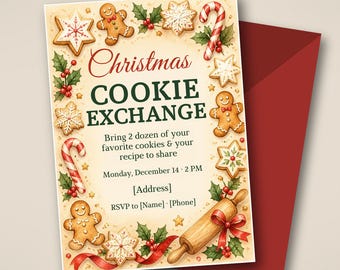Christmas Cookie Exchange Invitation, Cookie Swap Party Invite, Gingerbread Baking, Editable Canva