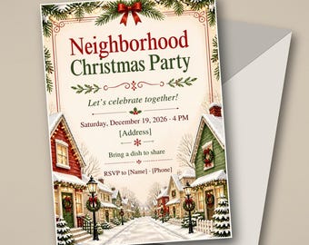 Neighborhood Christmas Party Invitation, Holiday Block Party Potluck Invite, Editable Canva Template