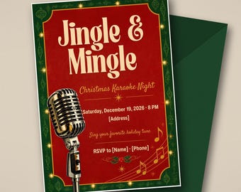 Christmas Karaoke Party Invitation, Jingle and Mingle Sing Along Invite, Editable Canva Template