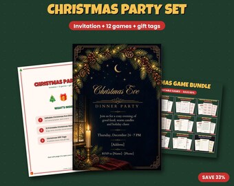 Christmas Party Set, Holiday Eve Invitation, 12 Printable Games, Gift Tags Bundle