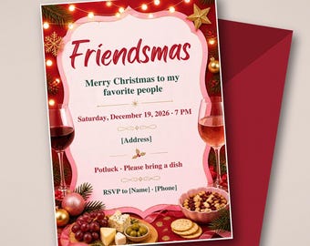Friendsmas Invitation, Christmas Potluck Friends Holiday Party Invite, Pink Red, Editable Canva