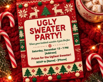 Ugly Sweater Party Invitation, Tacky Christmas Holiday Invite, Editable Canva Template