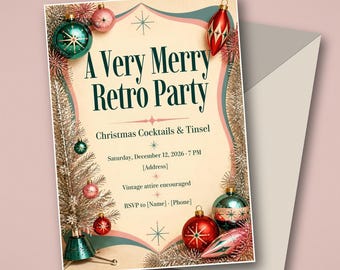 Retro Christmas Party Invitation, Mid Century Vintage Ornament Cocktail Invite, Editable Canva Template