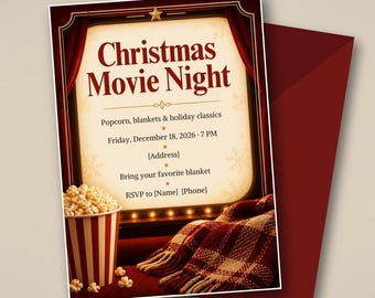 Christmas Movie Night Invitation, Holiday Movie Party Popcorn Invite, Editable Canva Template