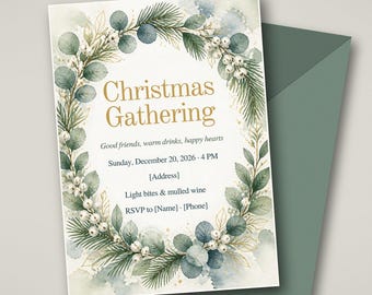 Christmas Gathering Invitation, Watercolor Eucalyptus Wreath Holiday Invite, Sage Gold, Editable Canva